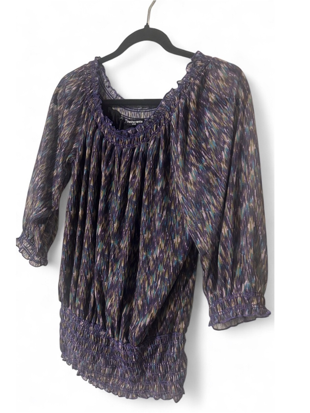 cha cha vente Purple Multi-Color Smocked Peasant Blouse Boho